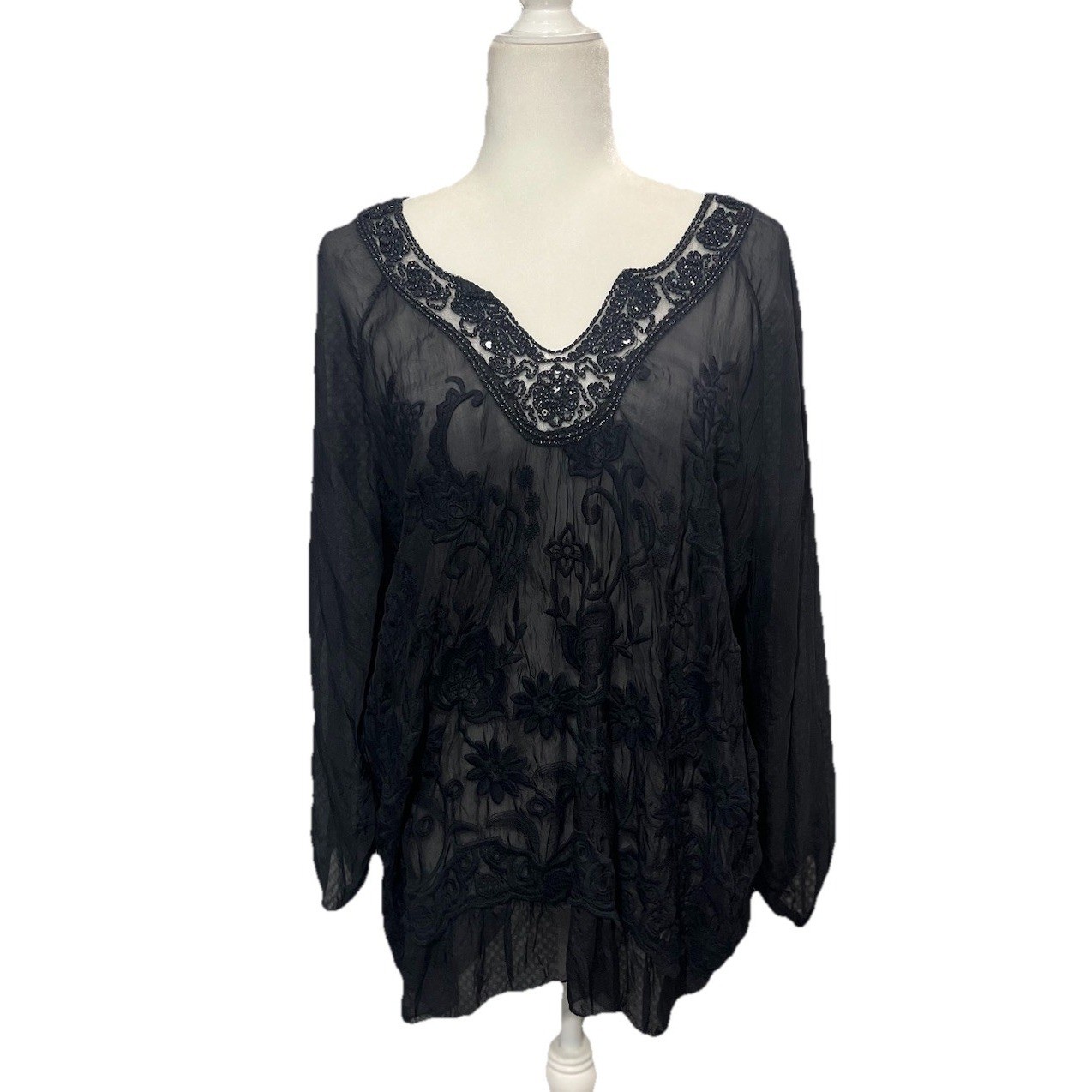 Whimsical Goth Blouse Bella Amore Black Beaded V Neck Sheer Embroidered