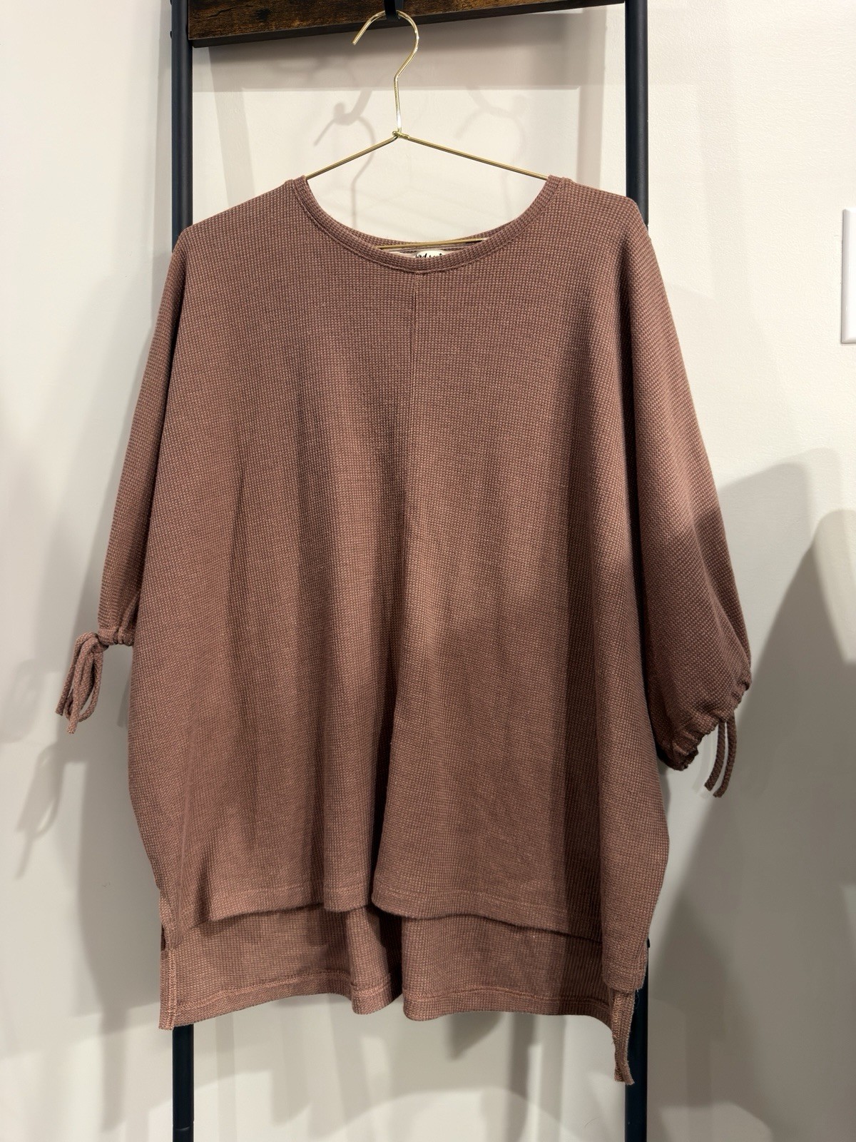 Women Waffle Knit Solid Loose Tee Mauve Size S Three Bird Nest