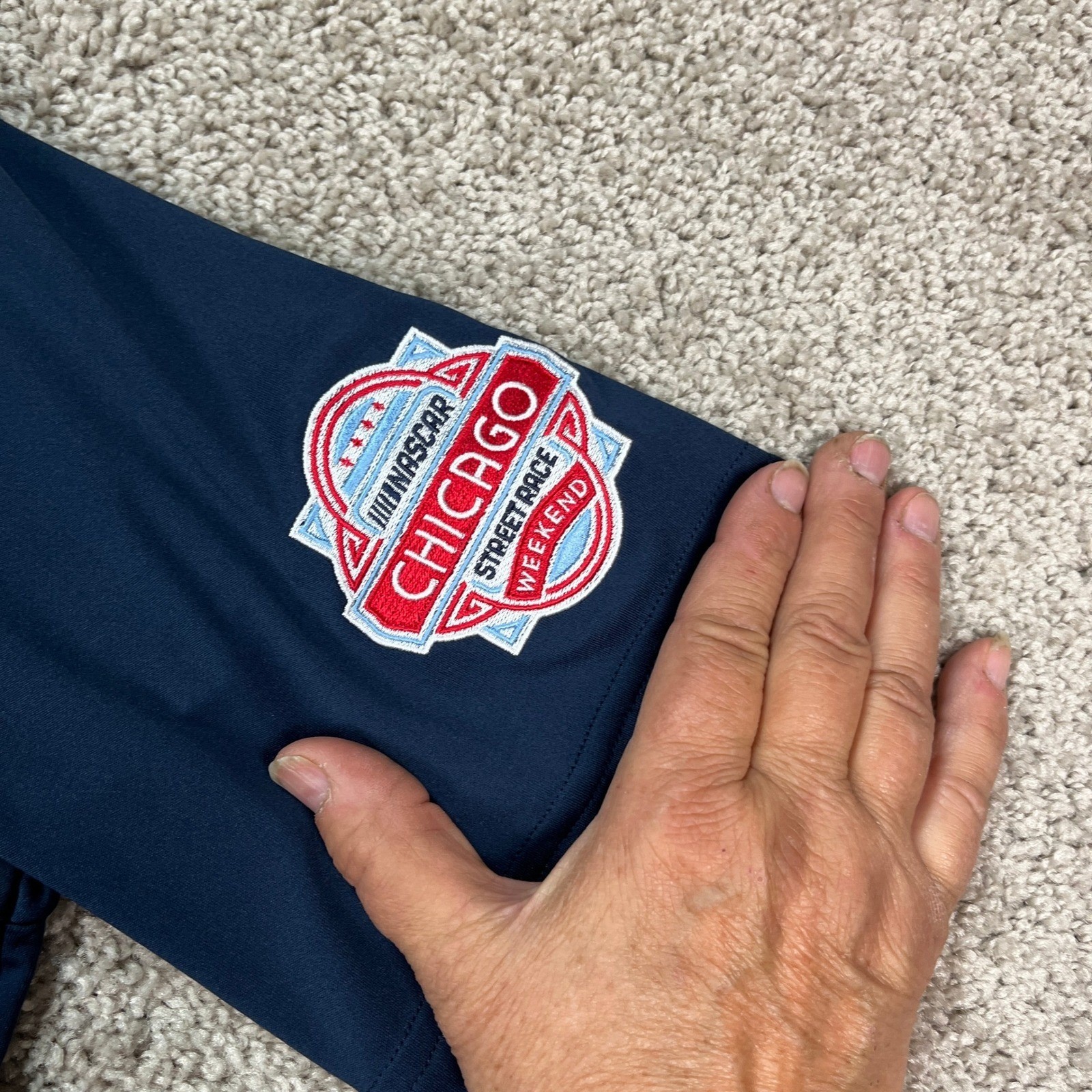 Antigua Polo Shirt Men Medium Navy Blue 3 Button Placket Performance NASCAR
