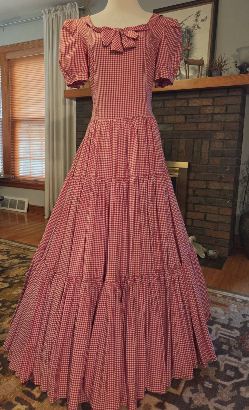 Vintage 40s 50s tiered long Red Gingham dress, Stupendous 600″ sweep! B42″, W34″