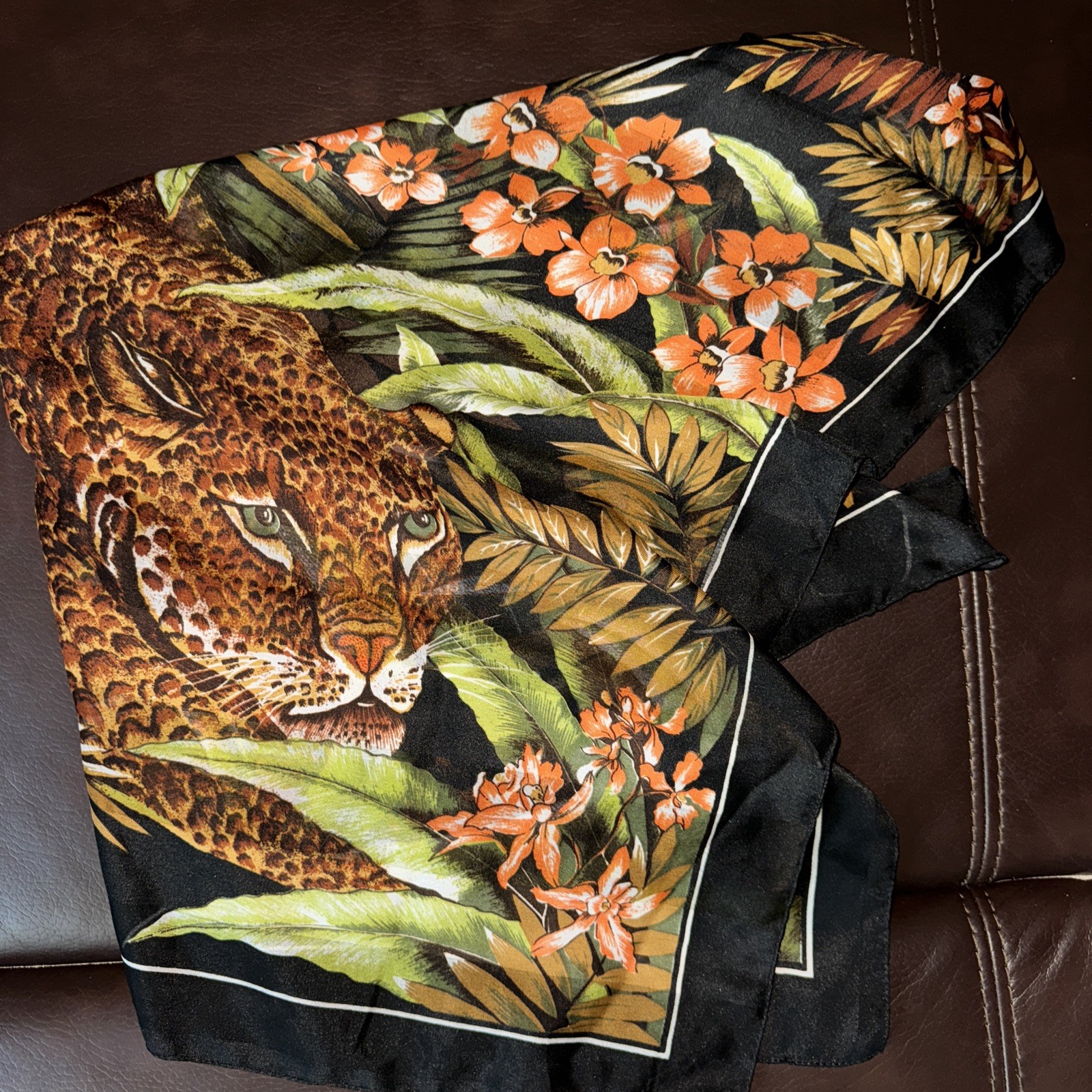 Fabulous Jungle Print Leopard Scarf 30.5” Square Ghost Stripe Hand Rolled Hem