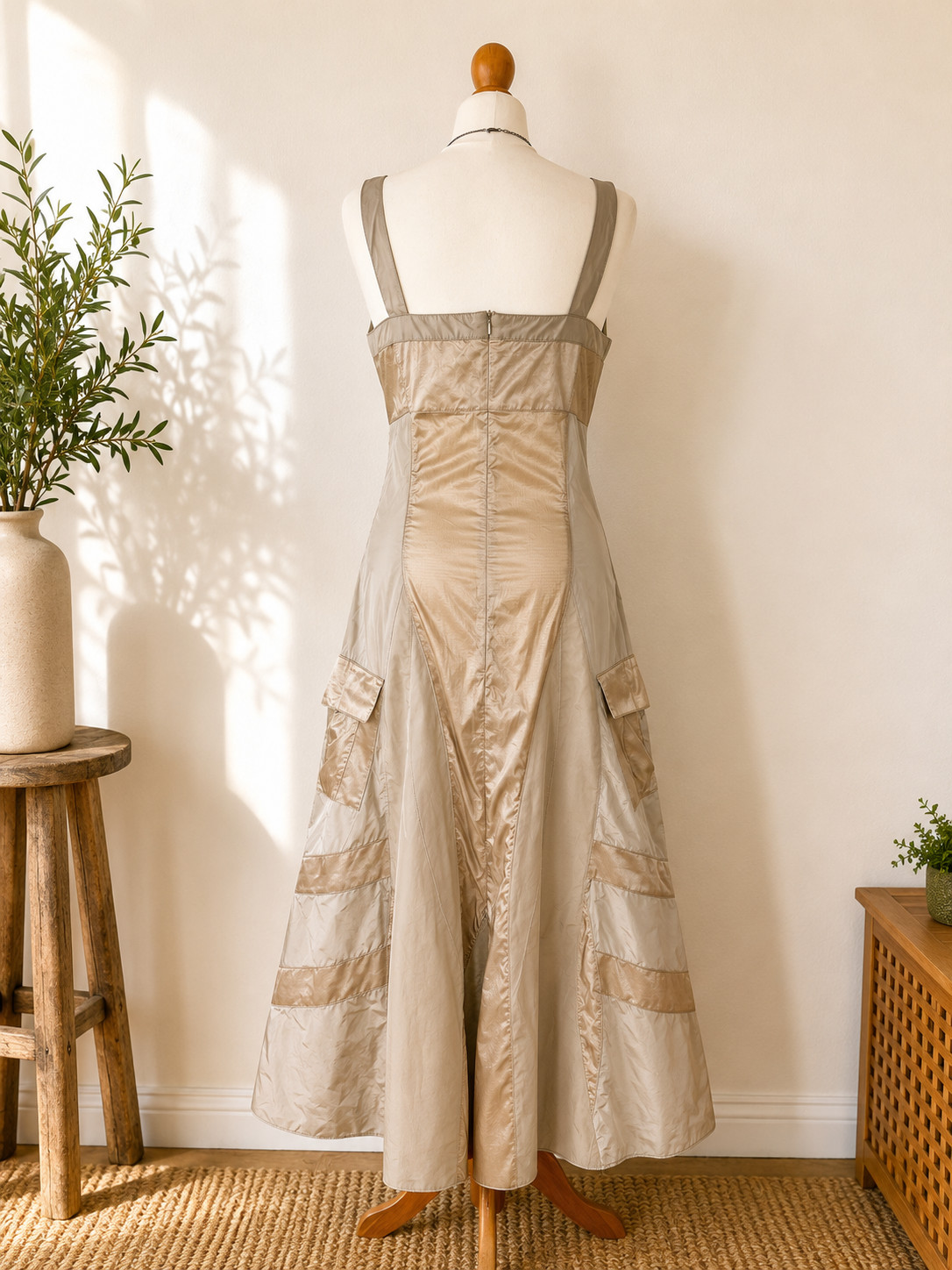 Indies Y2K Patchwork Maxi Dress UK 8 Champagne Beige Tech Cargo Dress