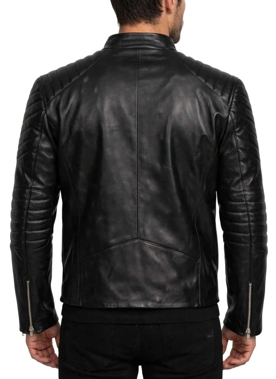 Men’s Black Leather Motorcycle Biker Handmade Jacket – Skull Embossed Chest