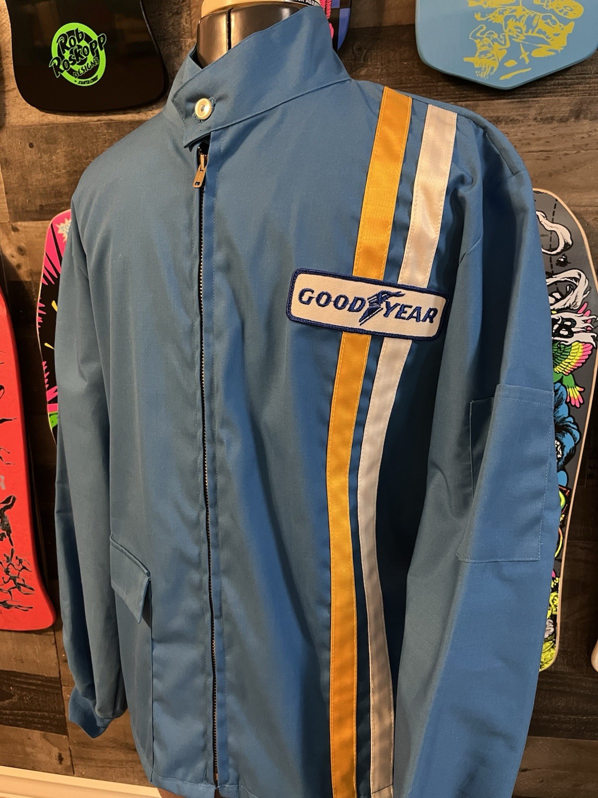 Vintage Goodyear Tires Racing Jacket Size Large USA Made Blue Stripes NOS Indy