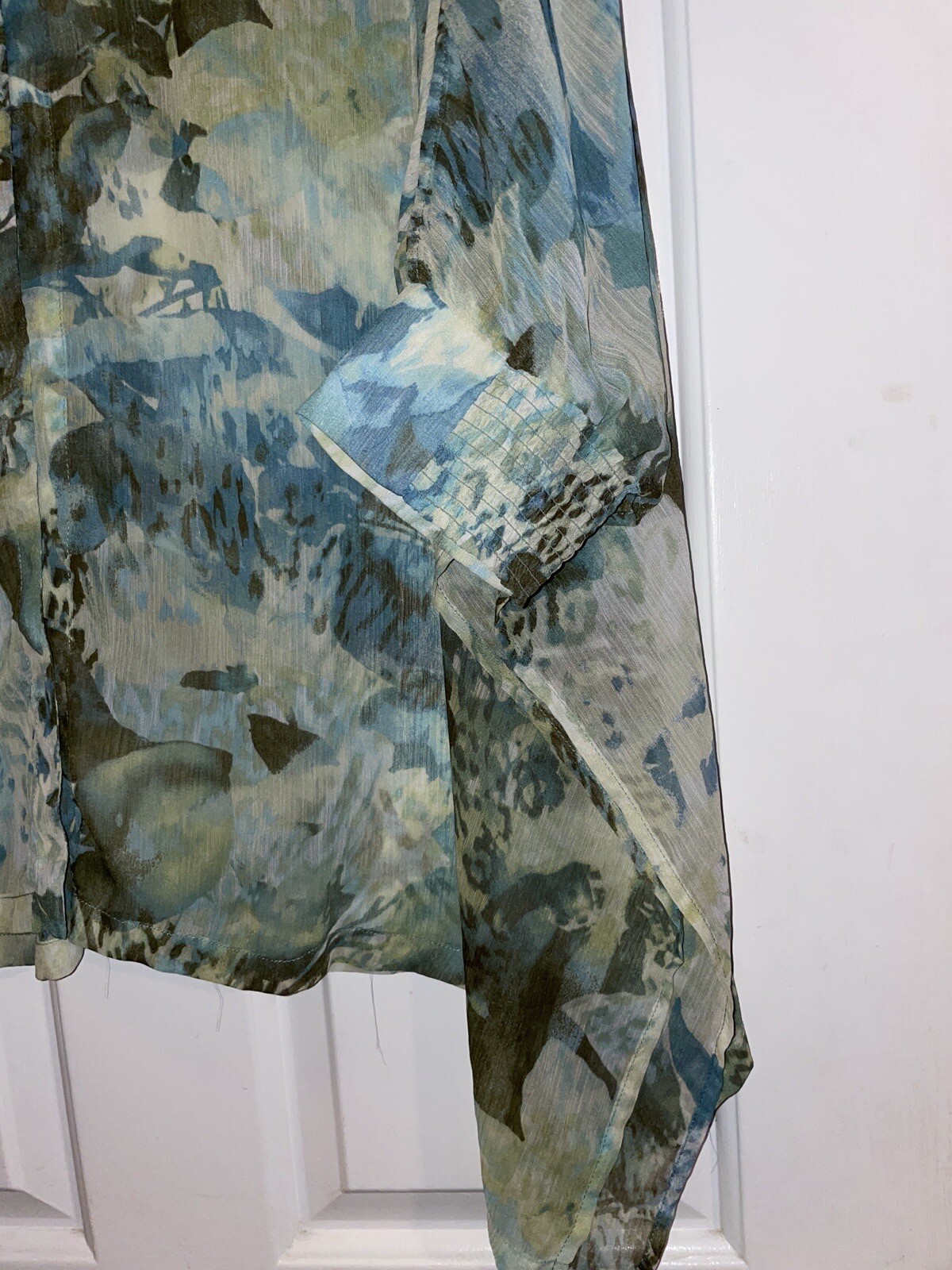 Chico’s Open Cover Up Lightweight Sz S/M Kimono Top Blue Green Rayon Blend