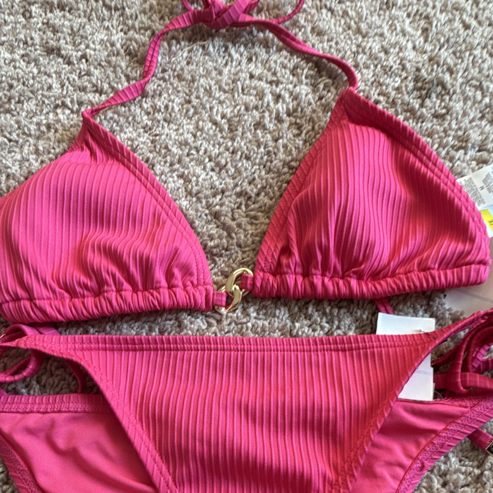 Women’s Pink Ribbed Triangle Halter Bikini 2-Piece Tie-Side Bottoms Size S