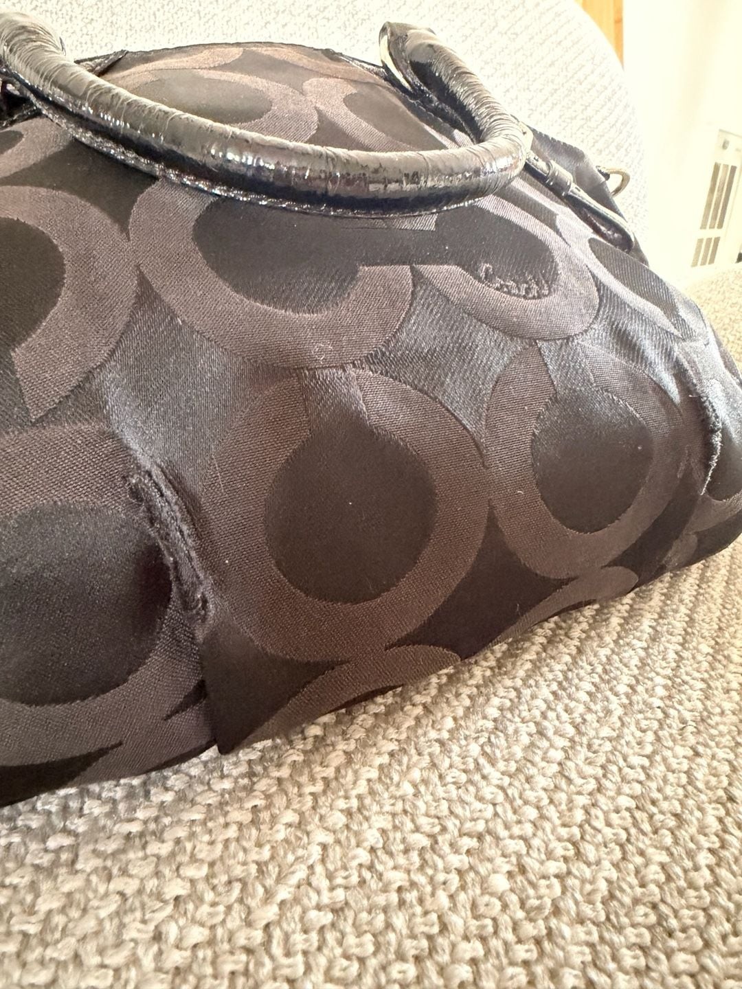 Coach Madison Black Signature Op Art Sophia Satchel with Patent Leather Trim