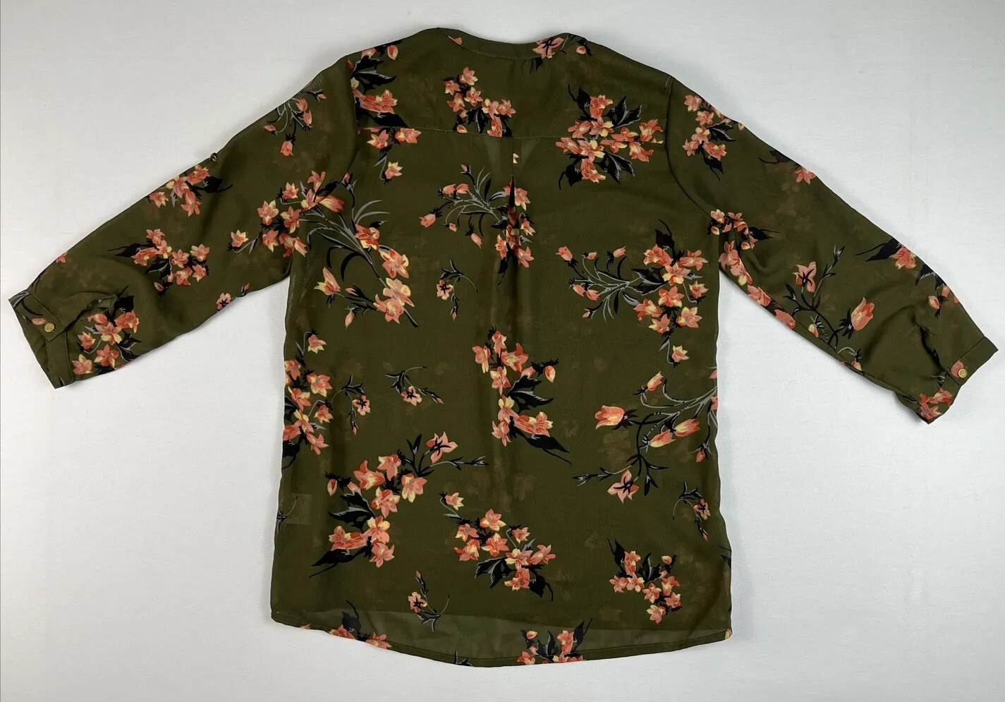 Live 4 Truth Size Small Green Floral Sheer Blouse 3/4 Sleeves W/ Roll Tab Option
