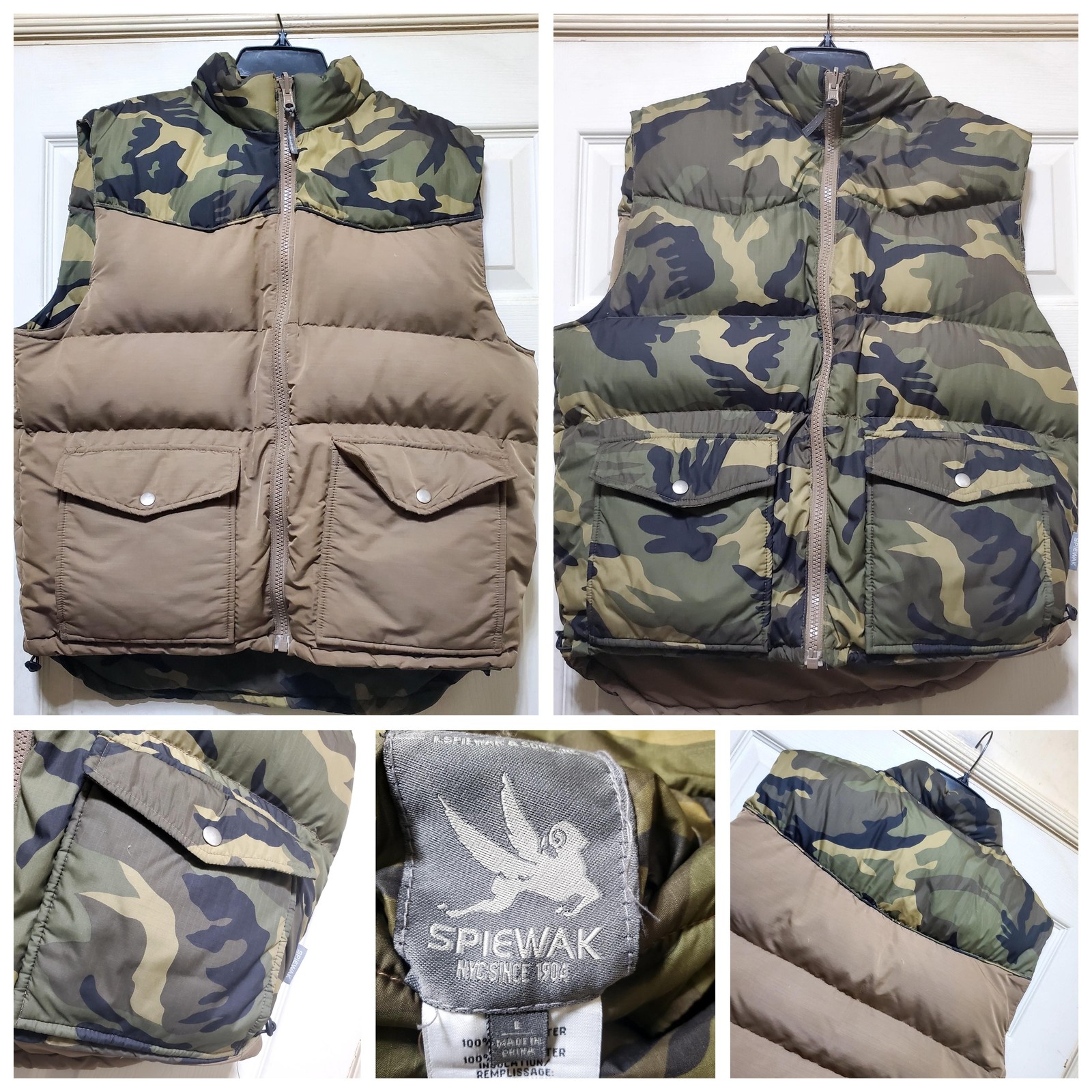 Spiewak Vest Mens Large Camo Khaki Reversible Down Puffer YKK Zip Ripstop