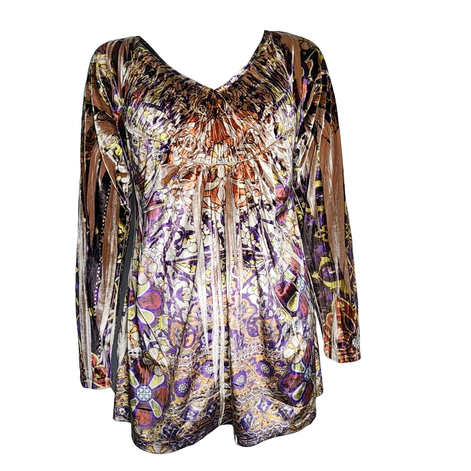 ONE WORLD Purple Orange Sublimation Long Sleeve Velvet Velour Top Womens XL
