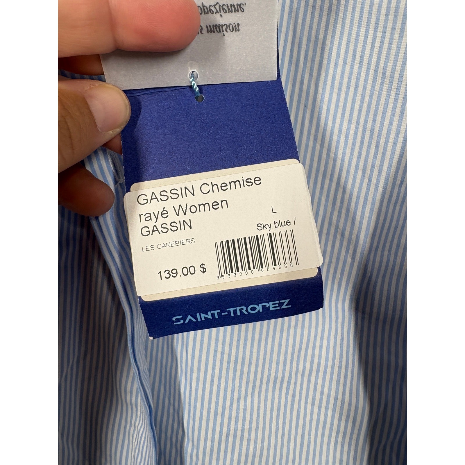Les Canebiers Large Flat Collared Button Up Shirt Sky Blue Striped Cotton Blend