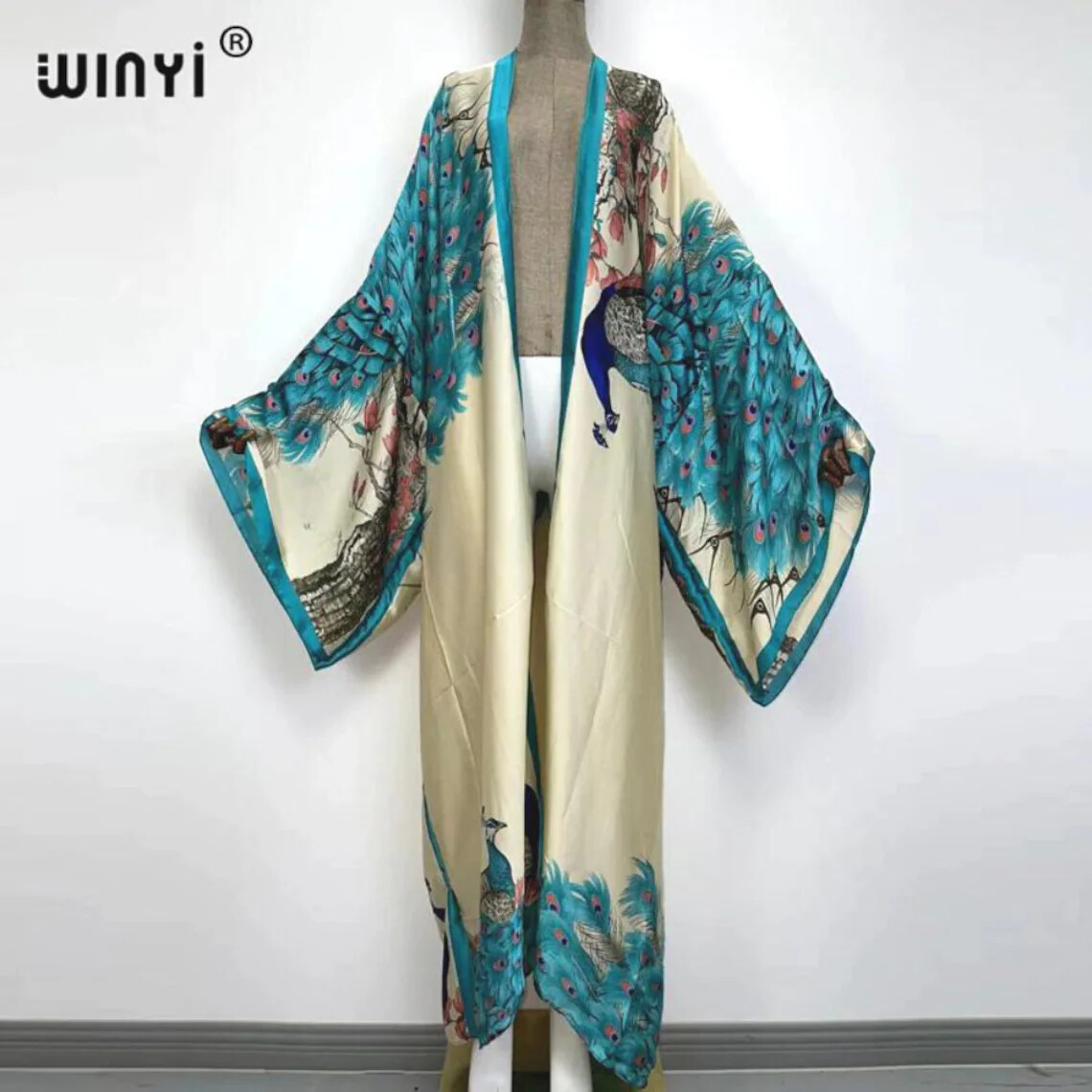 Pink Peacock Kimono Batwing Cardigan Silky Robe Beach Kaftan Robe Pink Abaya