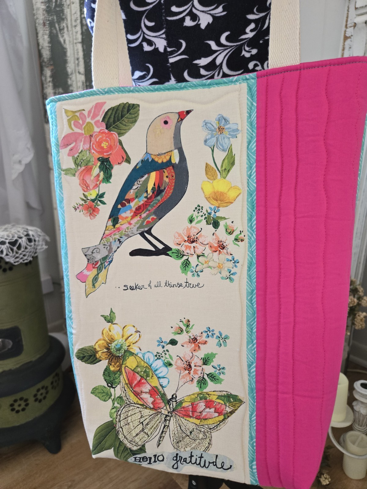 Multicolor art floral tote bag – quilted, pink lined, beige handles