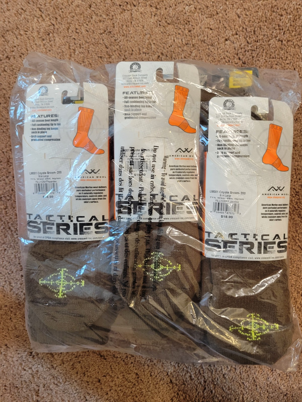 6 Pair Crescent Omni-Wool Tactical Boot Socks Large Coyote Brown Merino Wool LM0