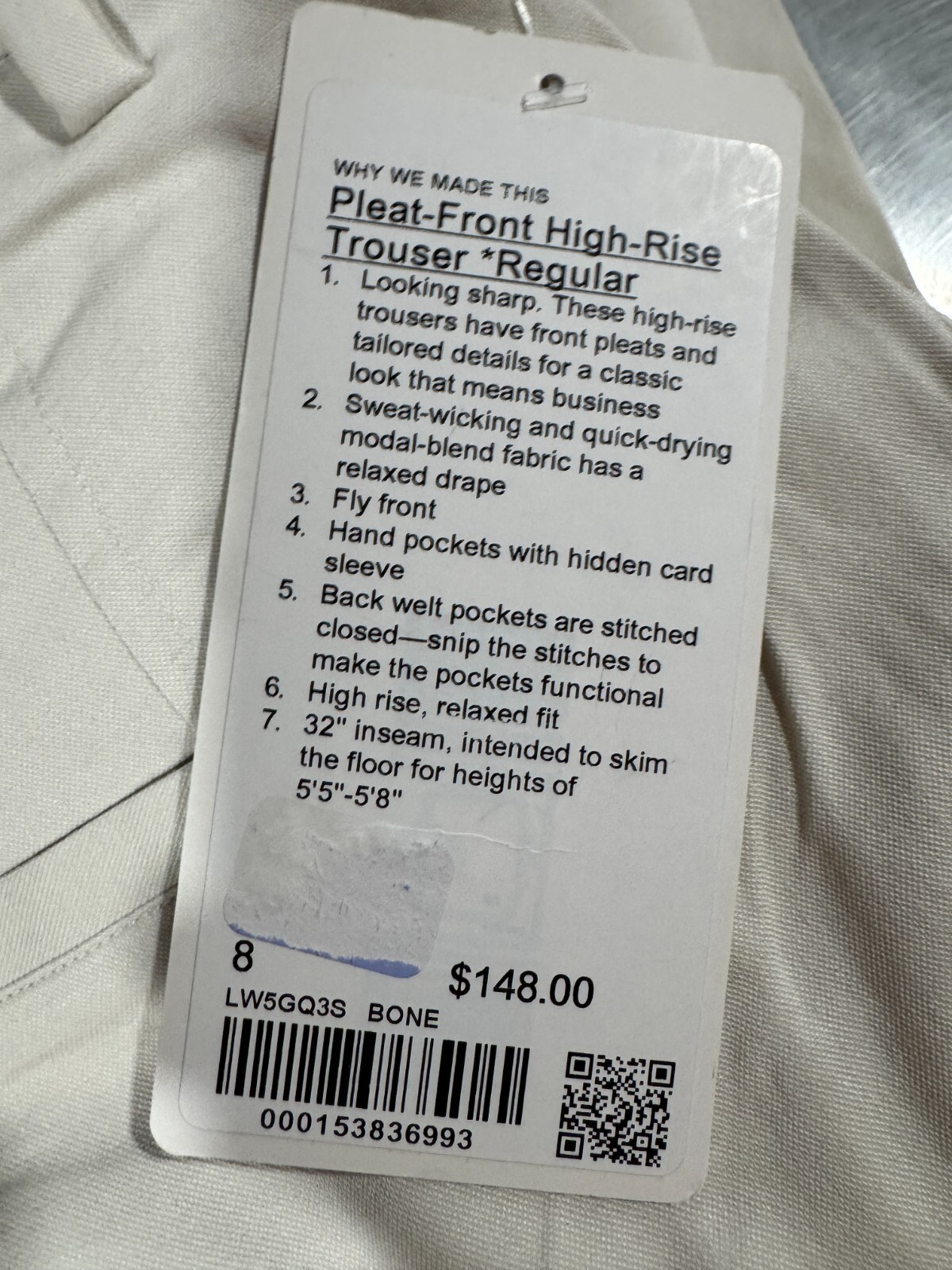 Lululemon Pleat Front High Rise Trouser Size 8 Regular 32″ Bone