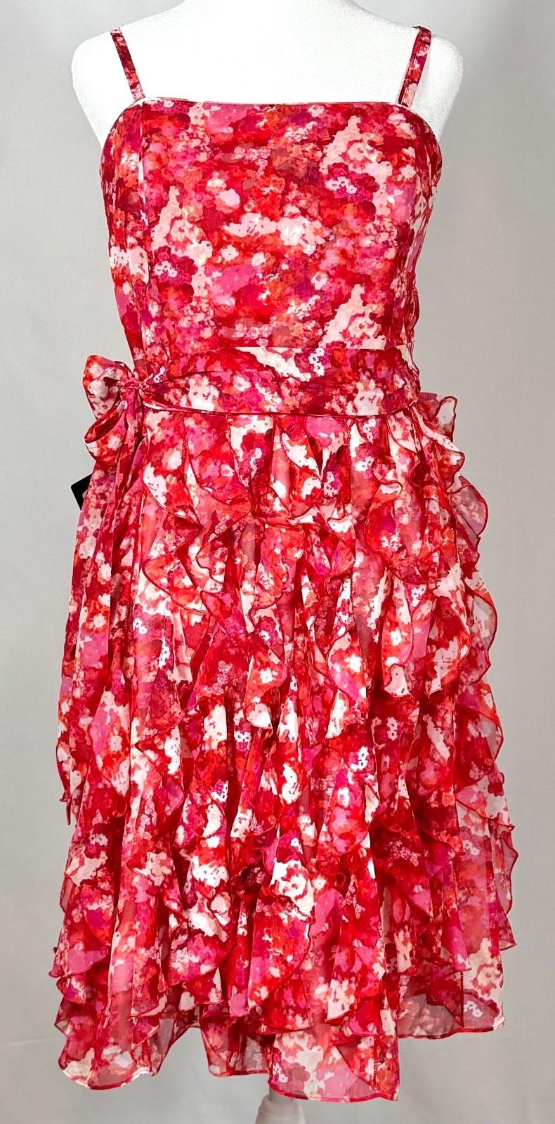 NWT White House Black Market Floral Waterfall Ruffle Chiffon Dress Pink Red Size