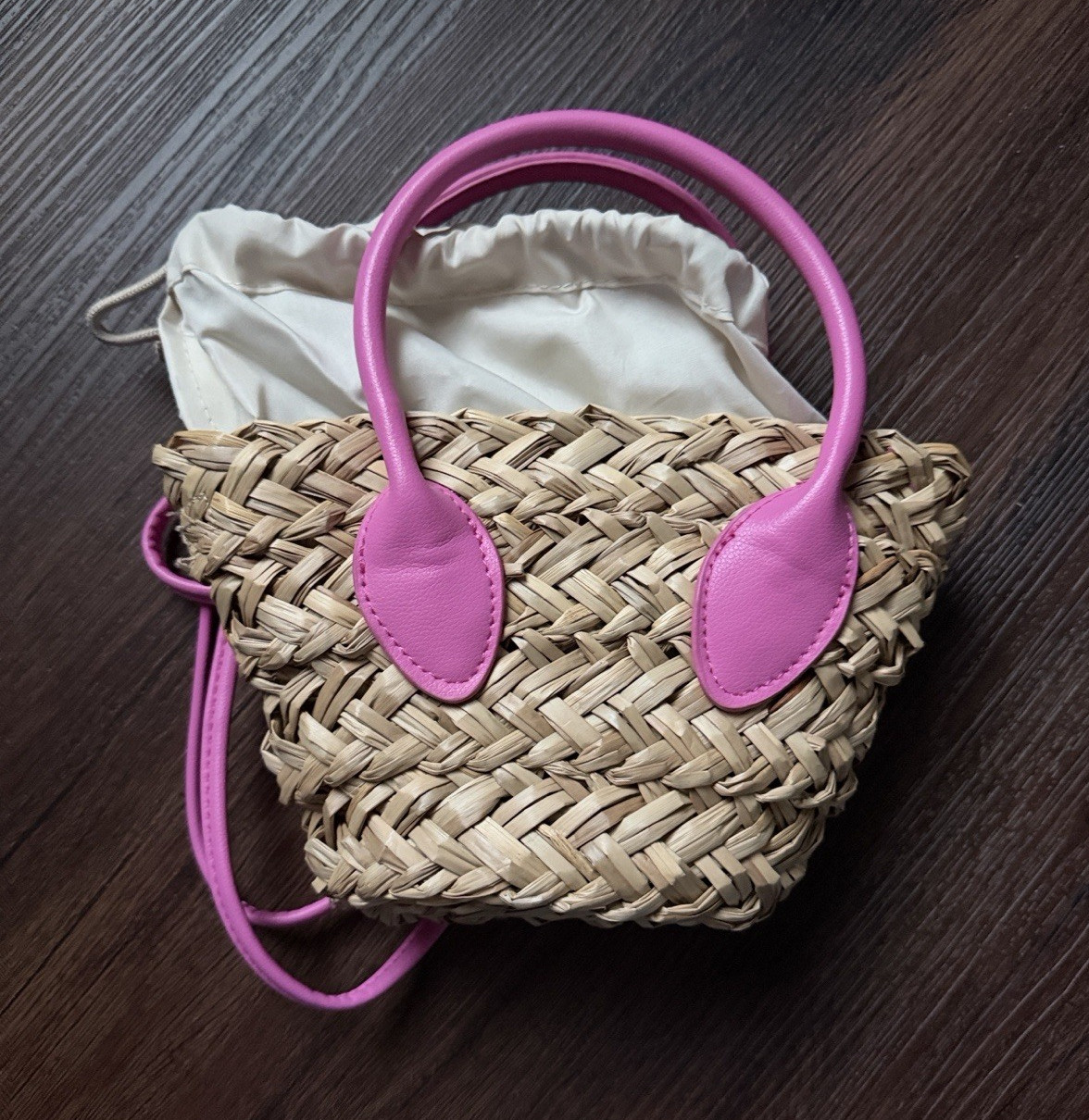 H&M Women’s Small Top Handle Woven Bag Natural/Pink Detachable Strap Drawstring