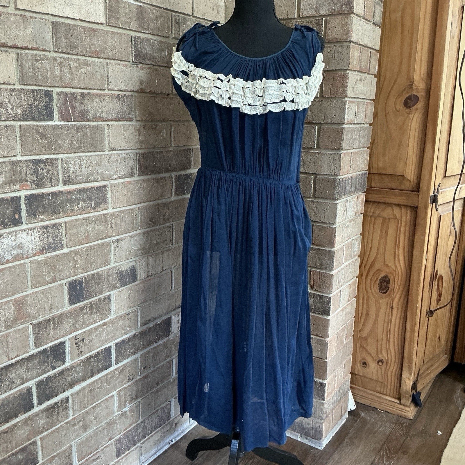 50s VINTAGE Mary Muffet Original Blue Chiffon Lace Ruffle Dress Size XS #20D4