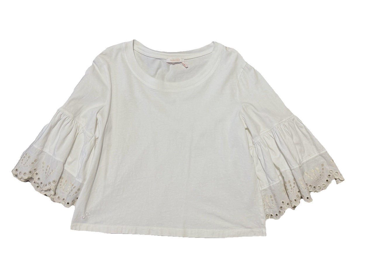 See by Chloe White Ruffle Sleeve Shirt Sz Small 3/4 Beige Eyelets Bell Top