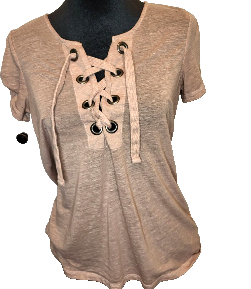 American Eagle Cocoa Lace Up Grommet Slub Knit Tee S Festival Grunge Punk Boho