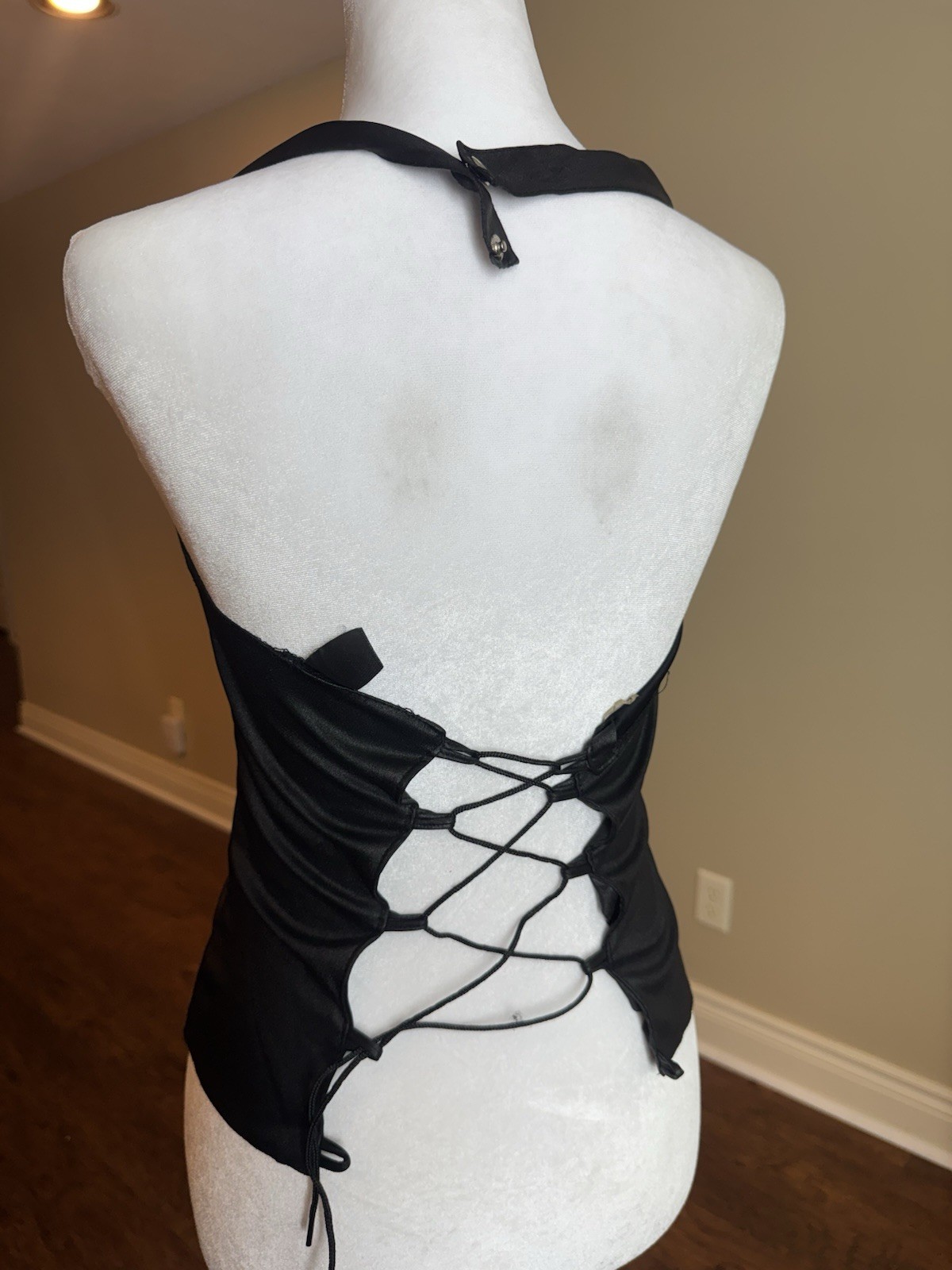 Black Satin Halter Lace-Up Backless Corset Top, Size XS