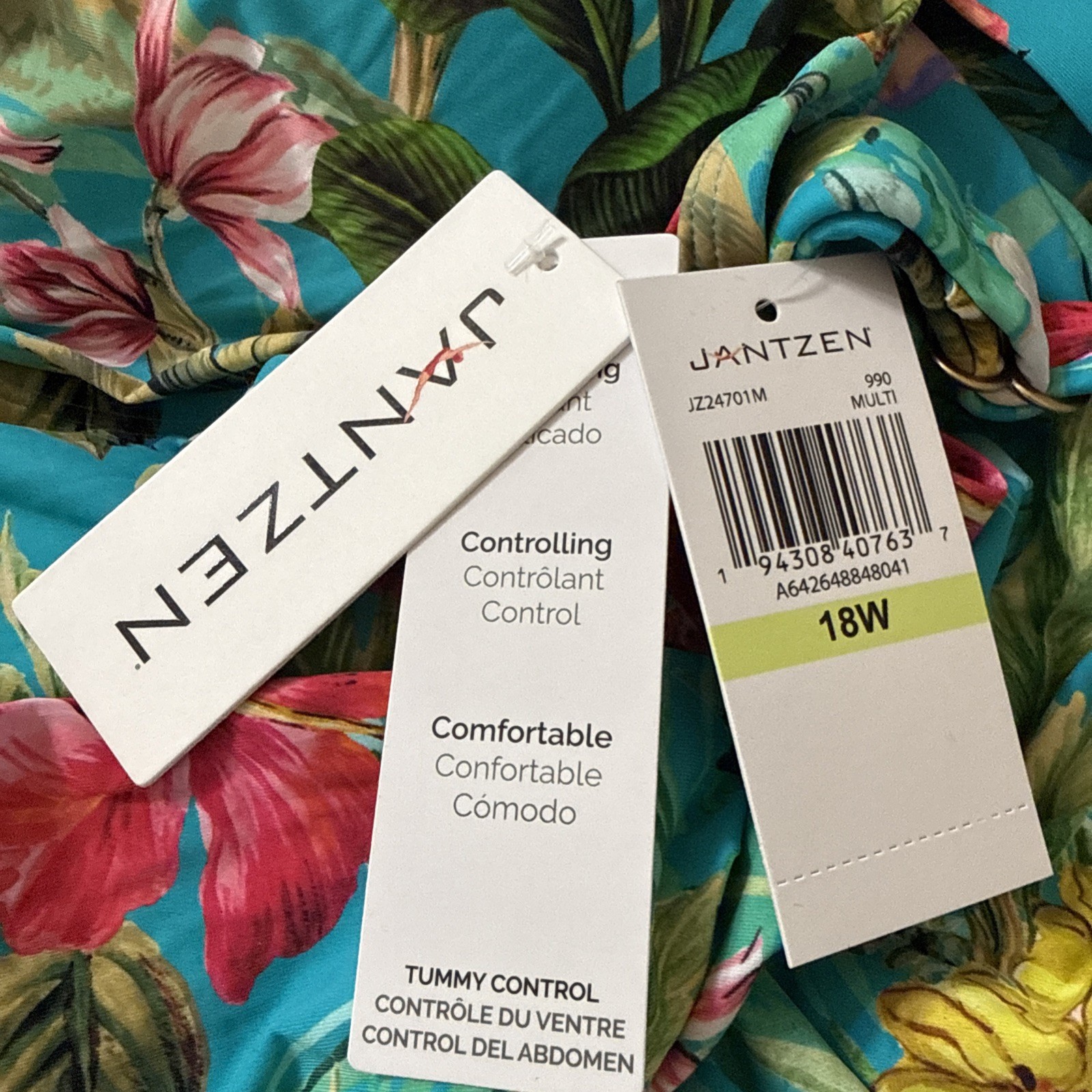 Jantzen Size 18 W Floral Tummy Control One Piece Swimsuit Palms Tropics NWT