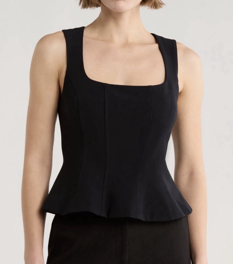 Parker Black Square Neck Sleeveless Peplum Zip Back Twill Tank Top Size M