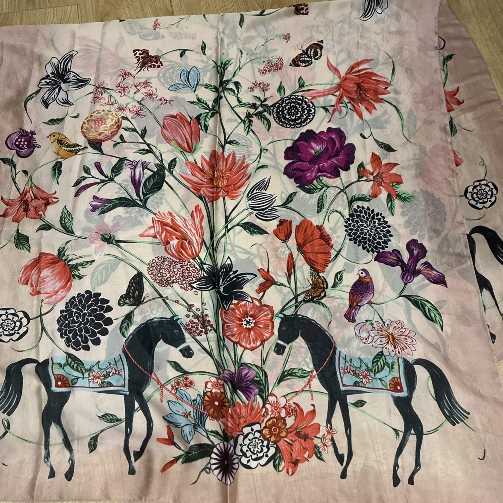 100% Silk Floral Birds Horses Butterflies Scarf 35”x70”