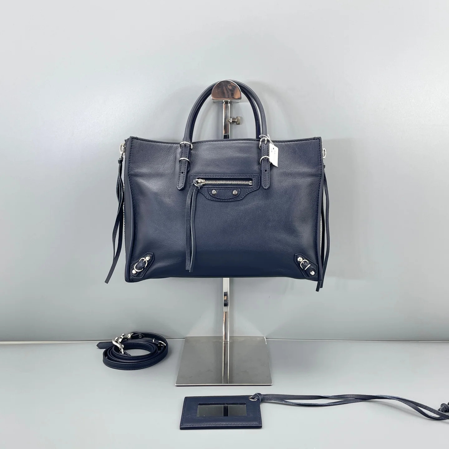 Balenciaga Studded Papier A6 Zip Around Tote Dark Blue Calfskin (ym051426d2r)