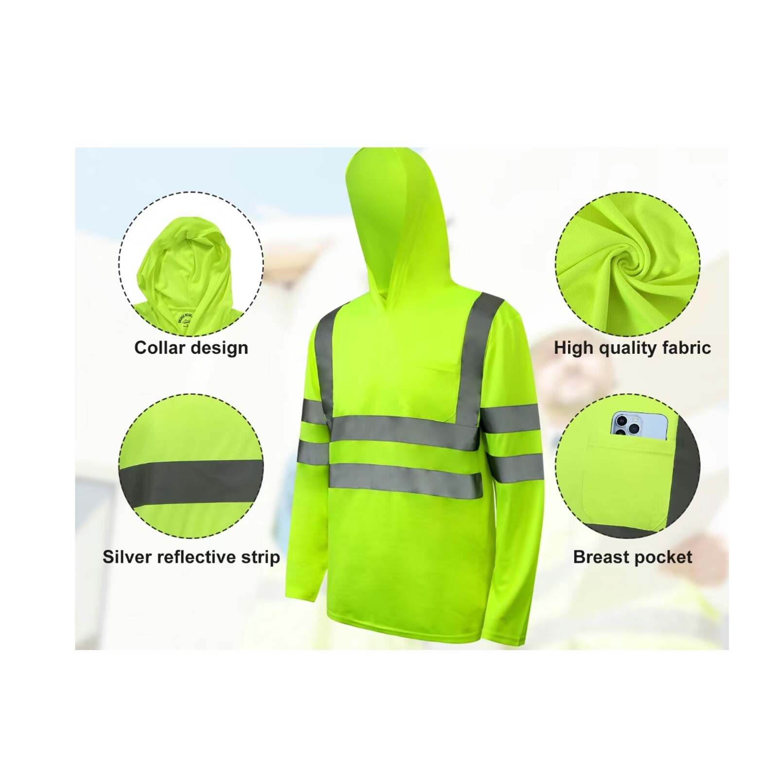 2 PCS Pack Unisex High Visibility Hoodie Reflective Safety Long Sleeve