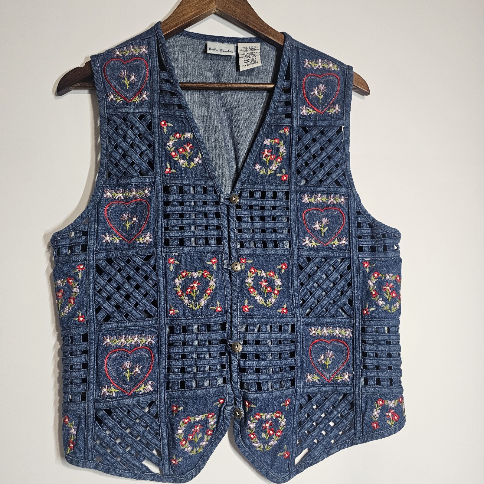 VTG 90s Bobbie Brooks Patchwork Denim Lattice Embroidered Floral Heart Vest Sm