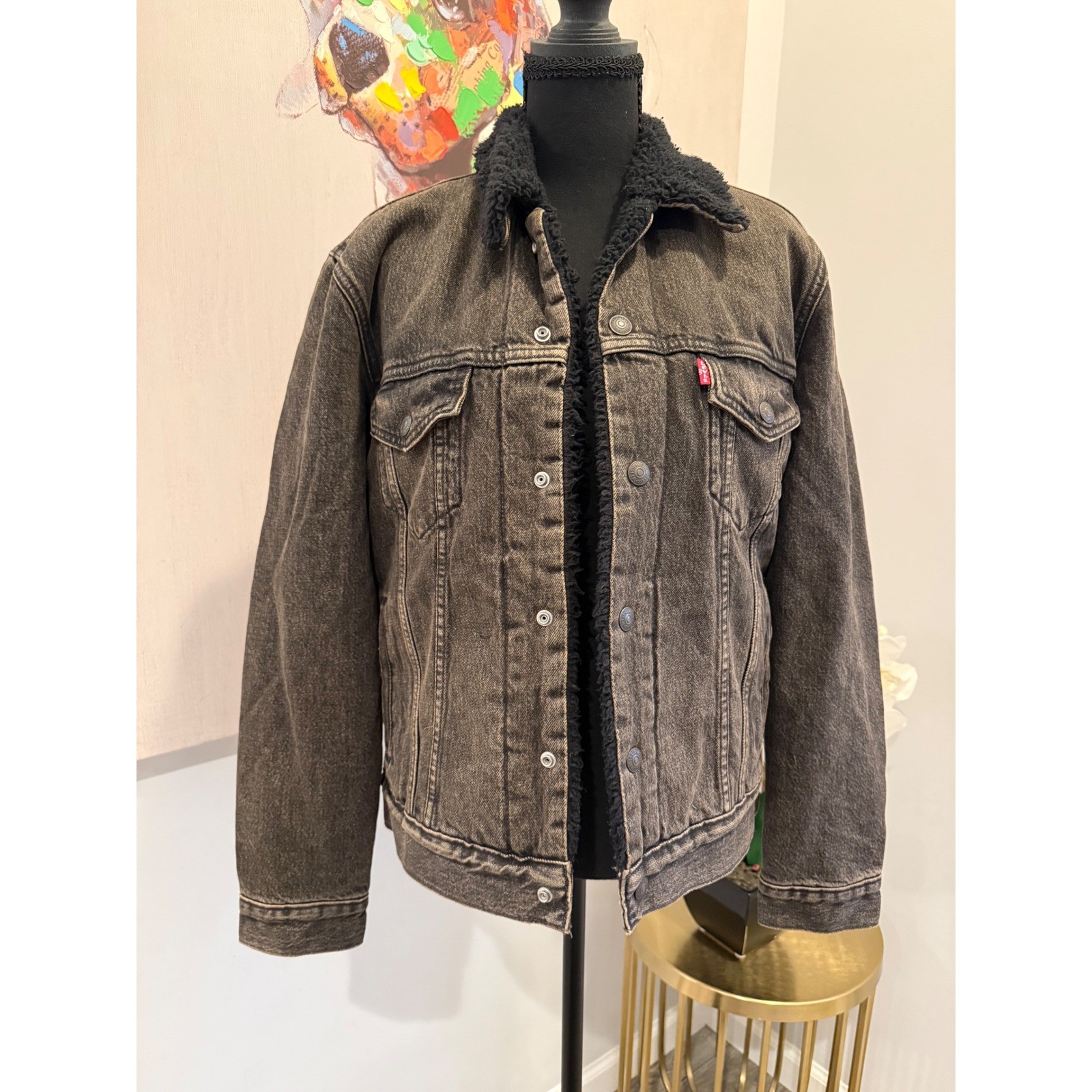 Levis Mens Sherpa Trucker Jacket Black Denim Faux Fur Lined Coat