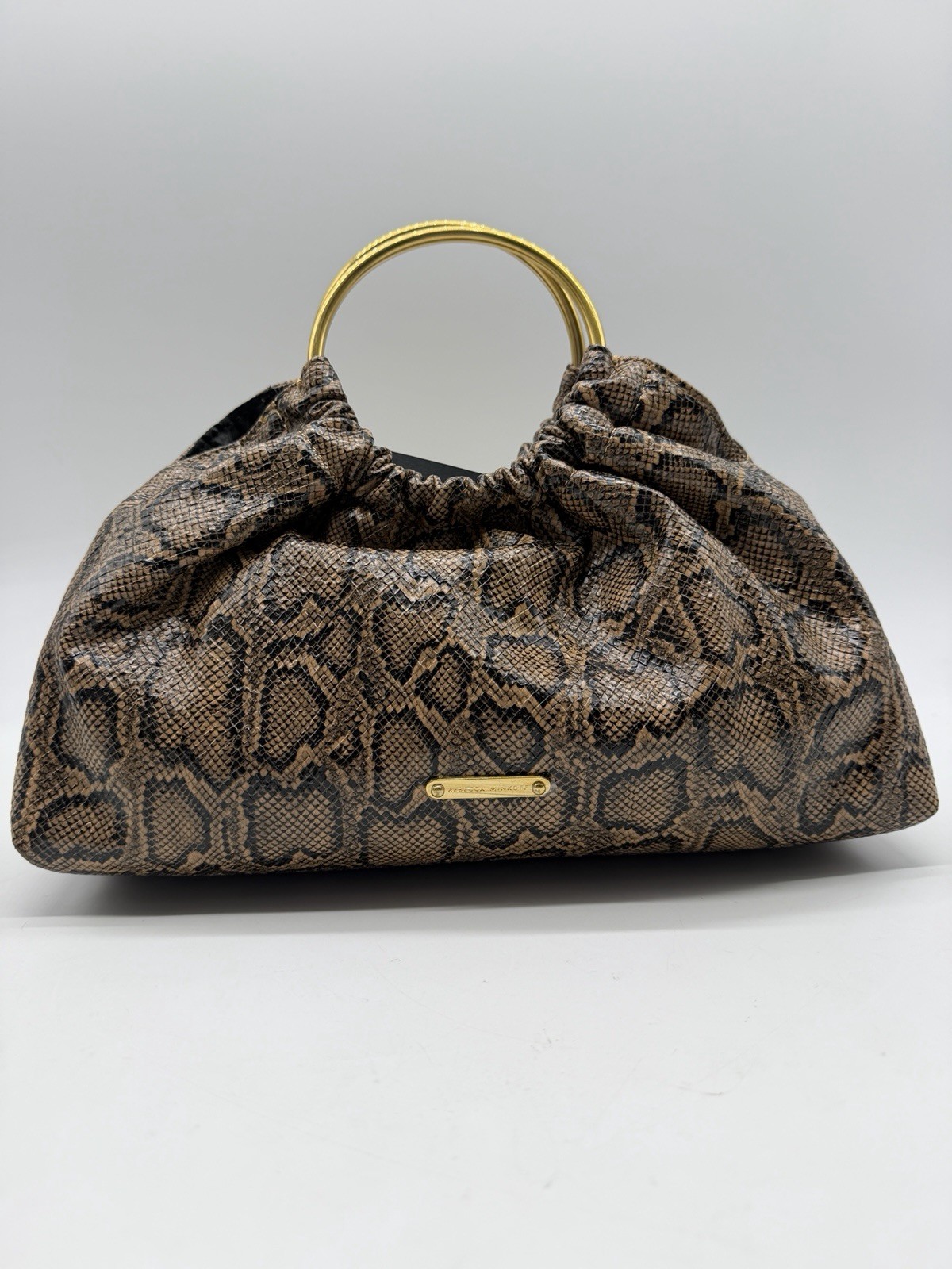 REBECCA MINKOFF Madeleine snake print round handle small satchel – Brown
