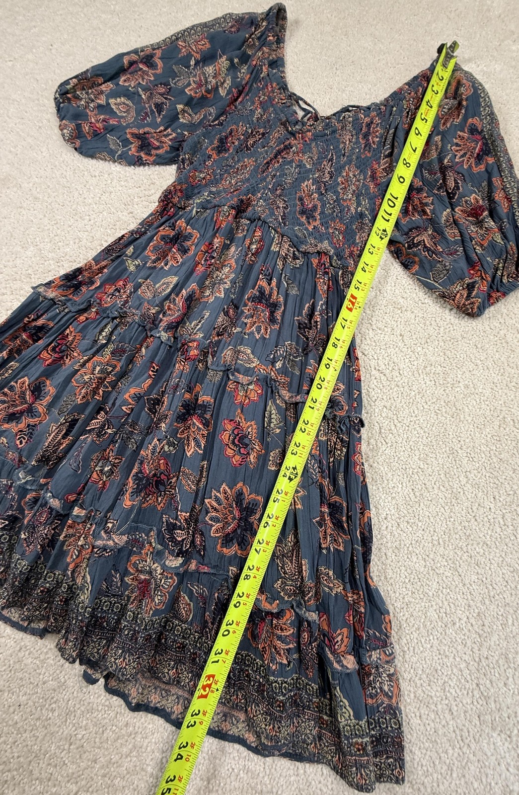 Angie Dress Womens Large Blue Floral Boho Sundress Smocked V Neck Balloon Sleeve