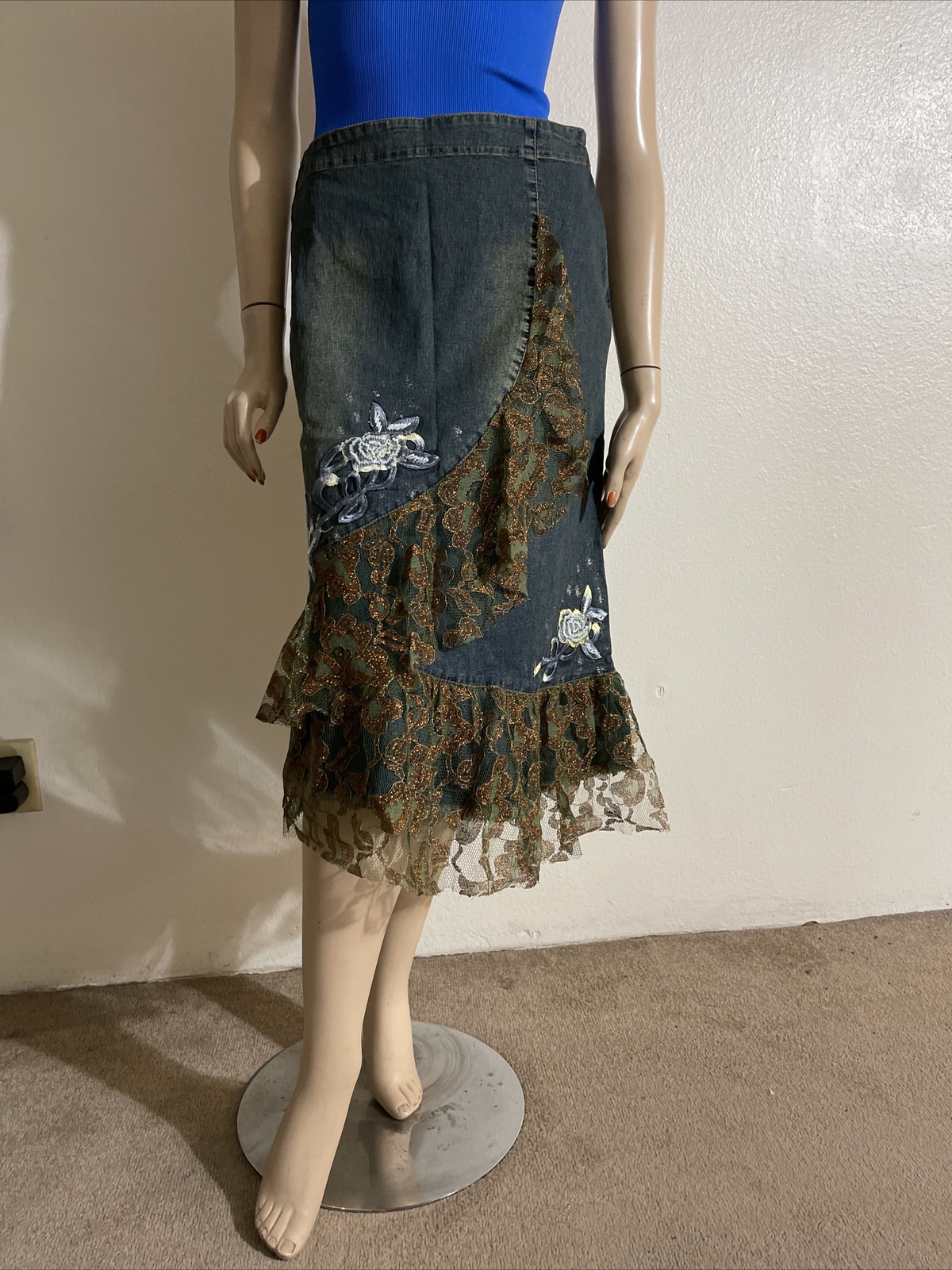 Blue Denim Cotton beaded lace Ruffle Embroidery Boho Size M(6-8) maxi skirt 3135