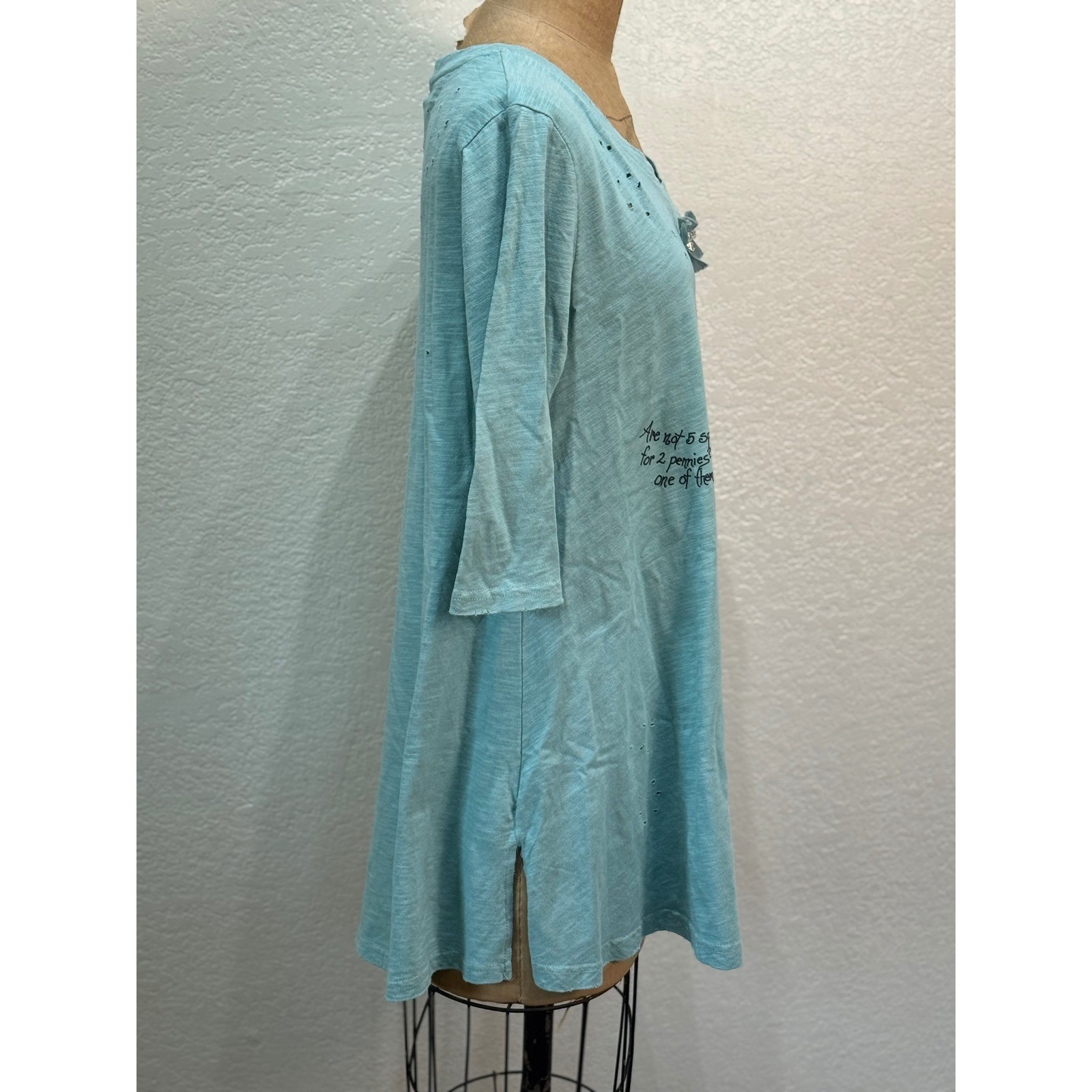 A Rare Bird Blue Distressed Sparrow Scripture Tunic 3/4 Sleeve Tee L/XL NWT