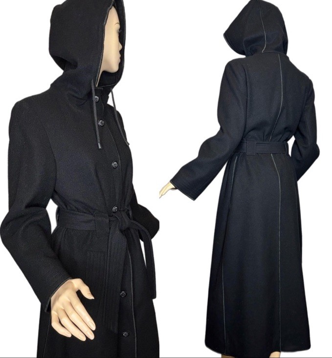 Vintage Wool Full Length Coat Hooded Black Button Down Harvé Benard Rare XS/S