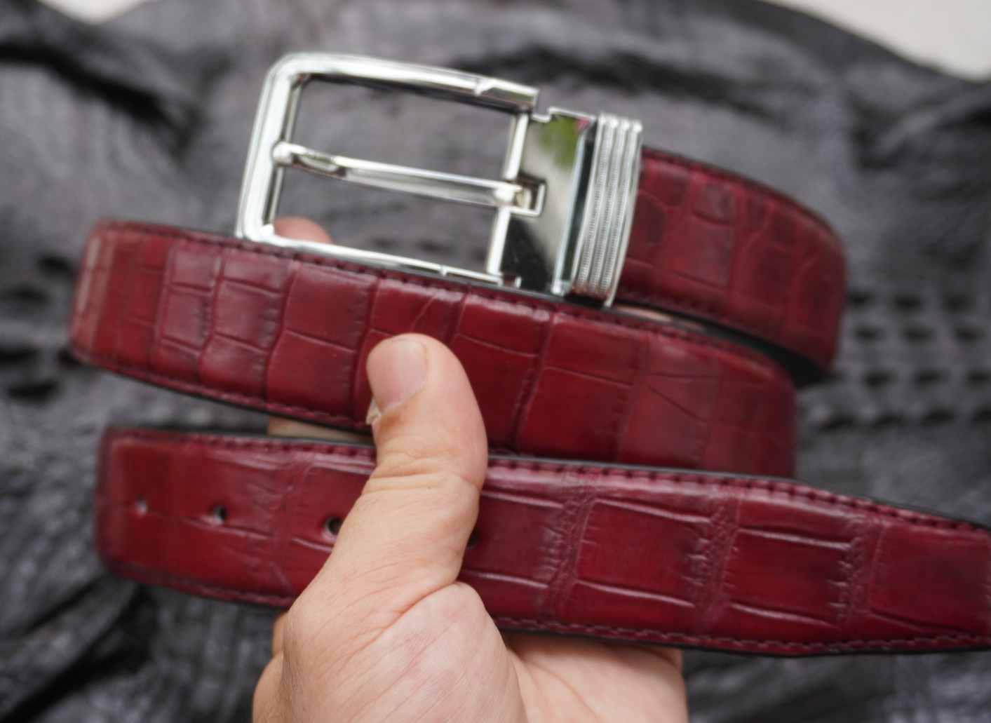 W 1.3 inch- Burgundy Genuine CROCODILE Belly LEATHER Skin Men’s Belt #Y28