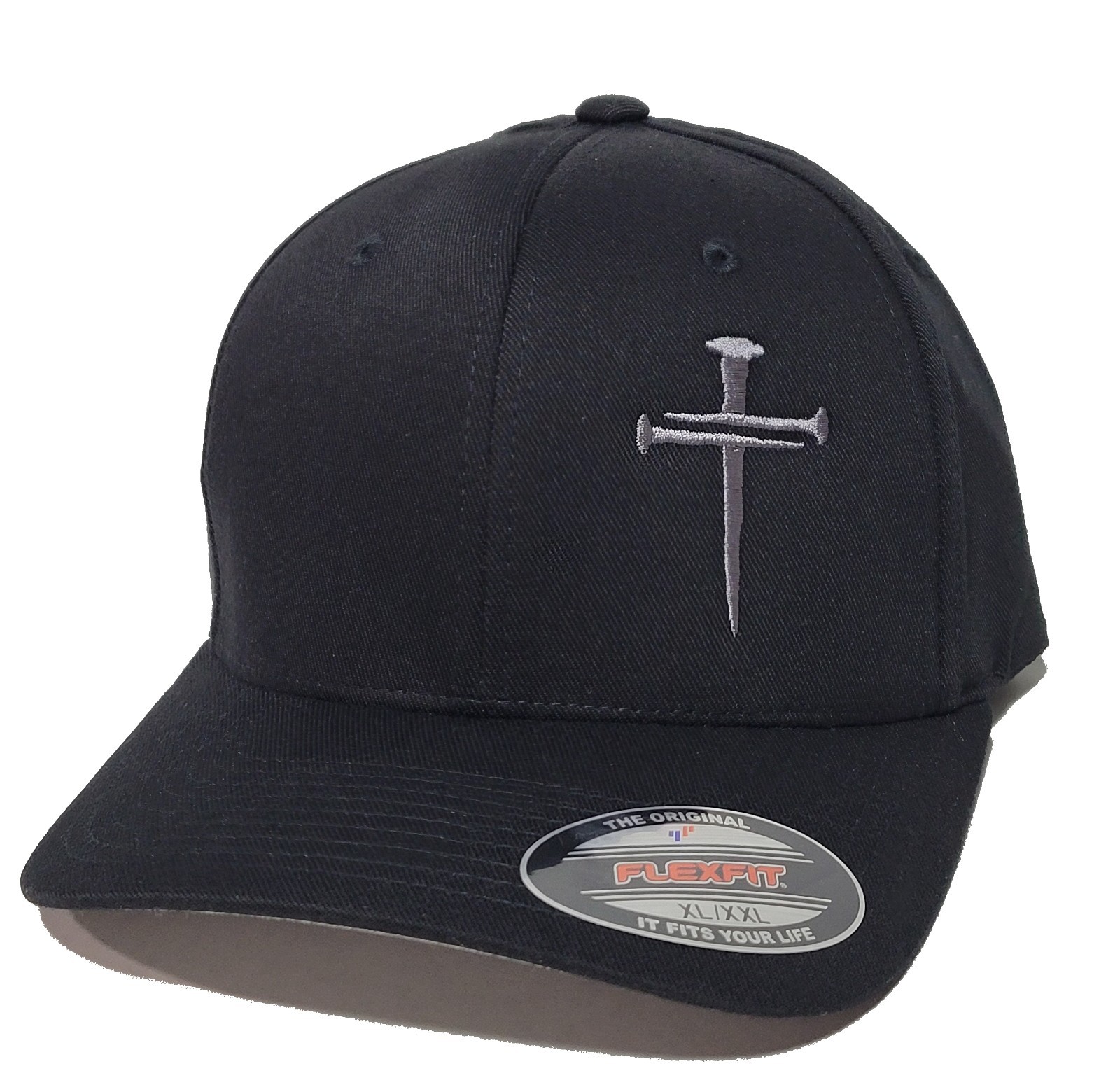 Christian Three Nail Cross Embroidered 2XL XXL FLEXFIT Black Cap Hat 6277
