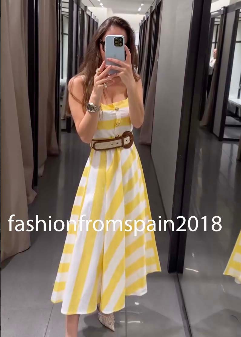 ZARA NEW WOMAN A-LINE STRAPPY STRIPED BELTED MIDI DRESS YELLOW 3293/054/047