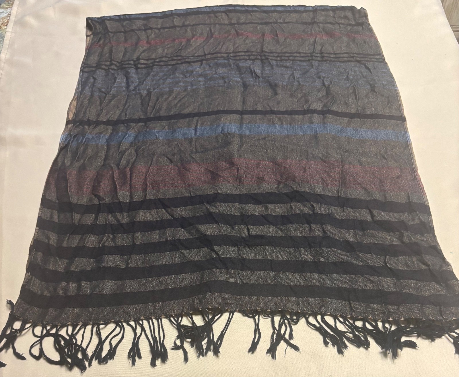 Women’s 100% Pashmina Shawl Wrap Scarf Brown Blue Pink Striped Tassel Sz 72×26”