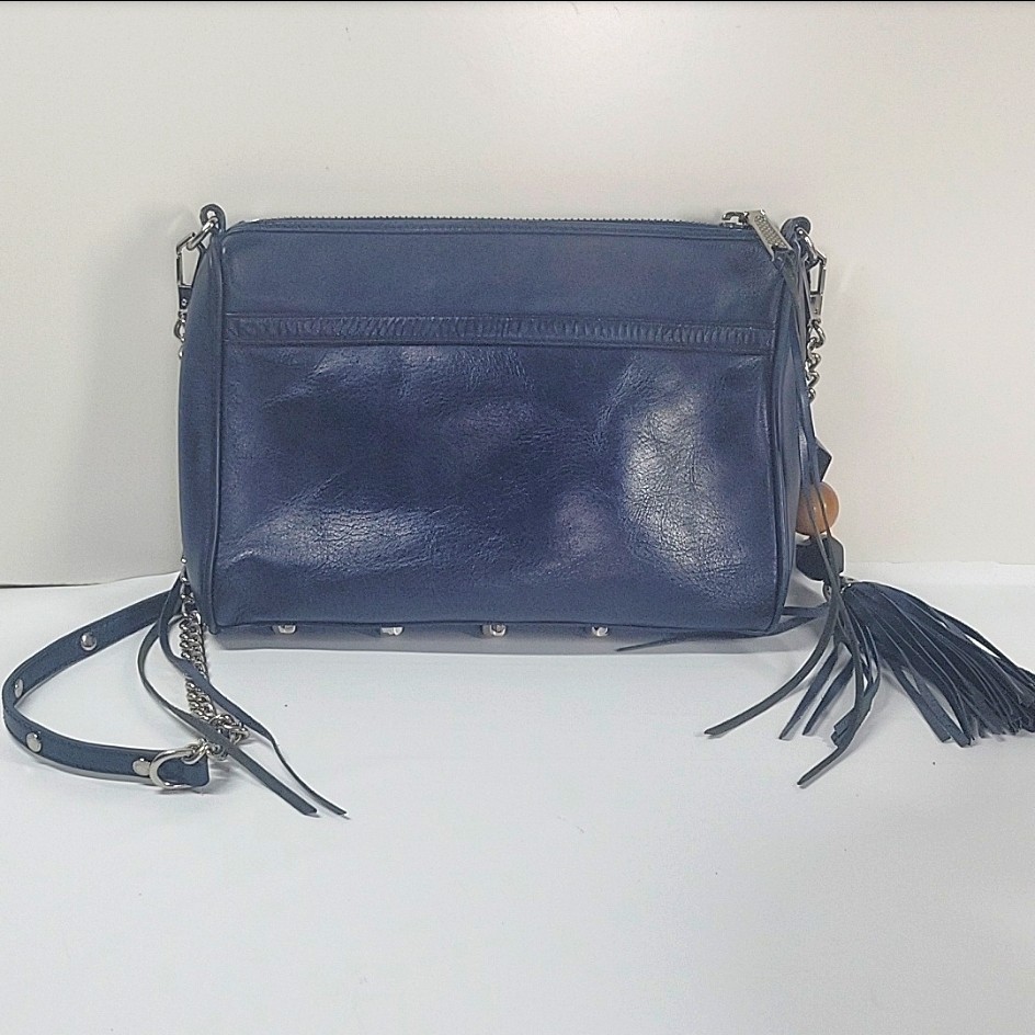 Rebecca Minkoff MAC Woven Leather Crossbody Bag Chain Strap Navy Tassel