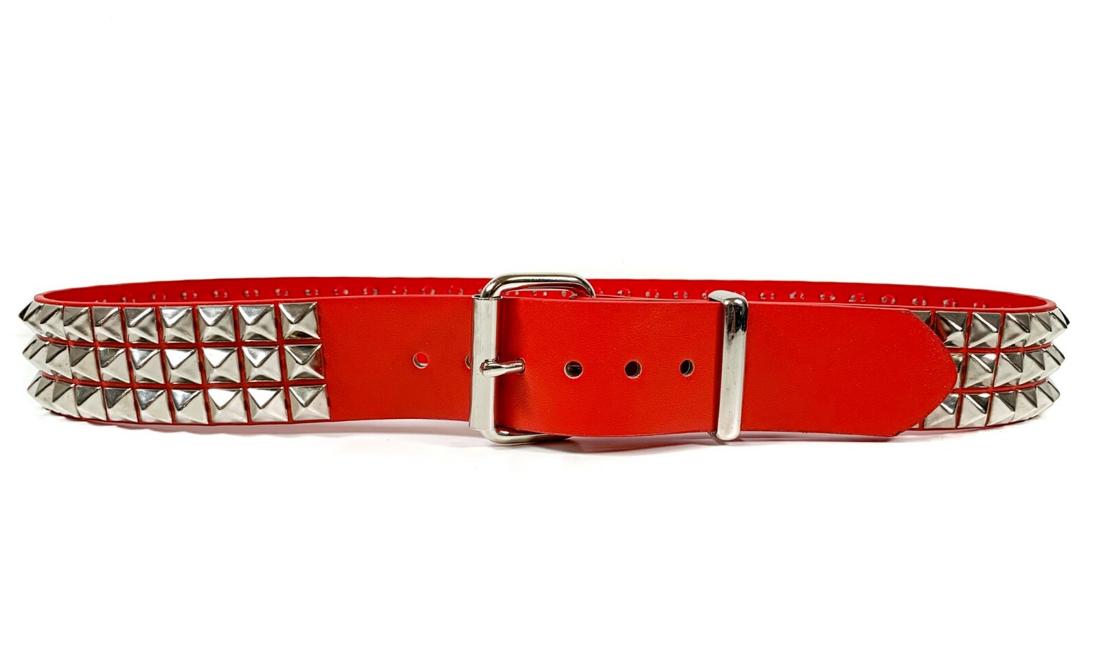Vegan Red Leather Three Row Pyramid Stud Belt Genuine Punk Goth Metal Funk Plus