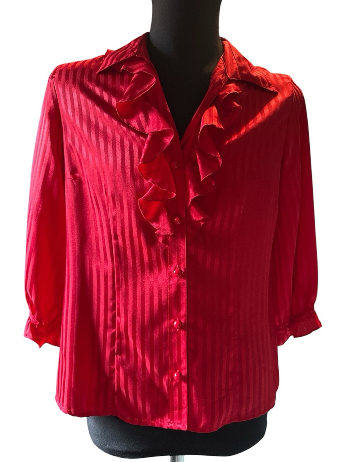 Notations VTG red ribbon stripe cascading ruffle secretary blouse Romantic Top L