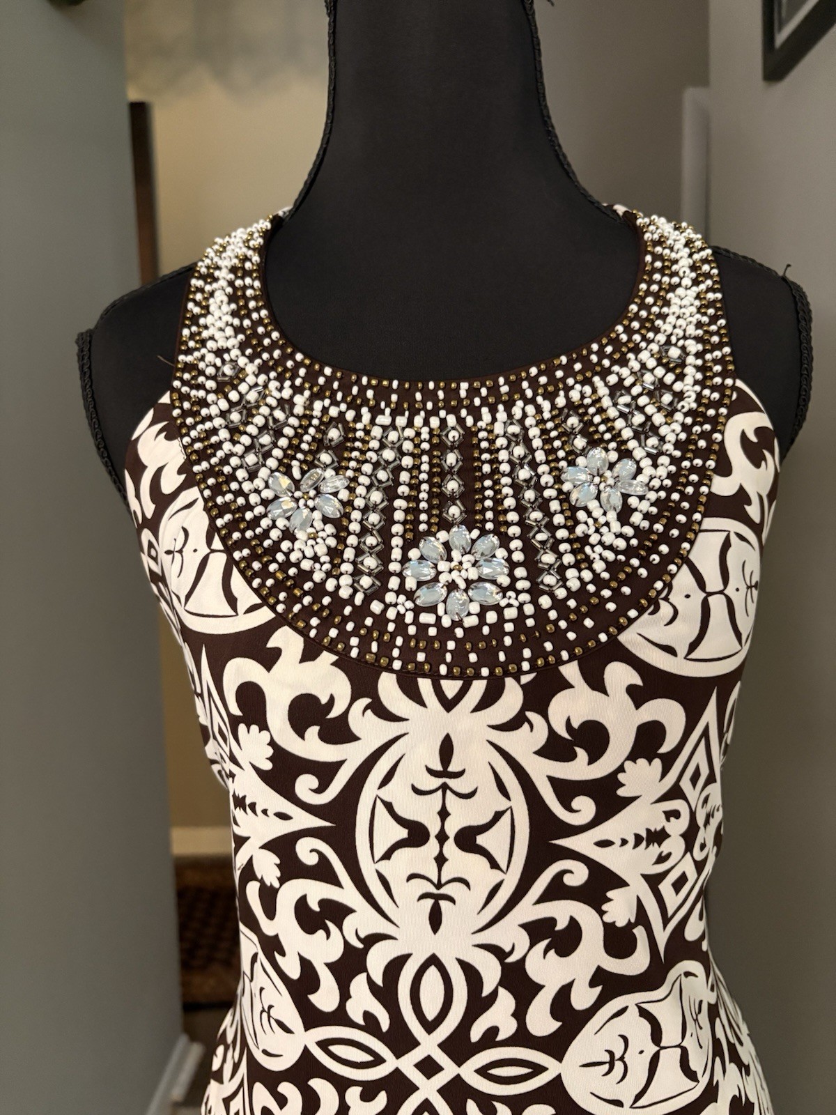 INC Brown And White Beaded Collar Lightweight Damask Sheath Dress