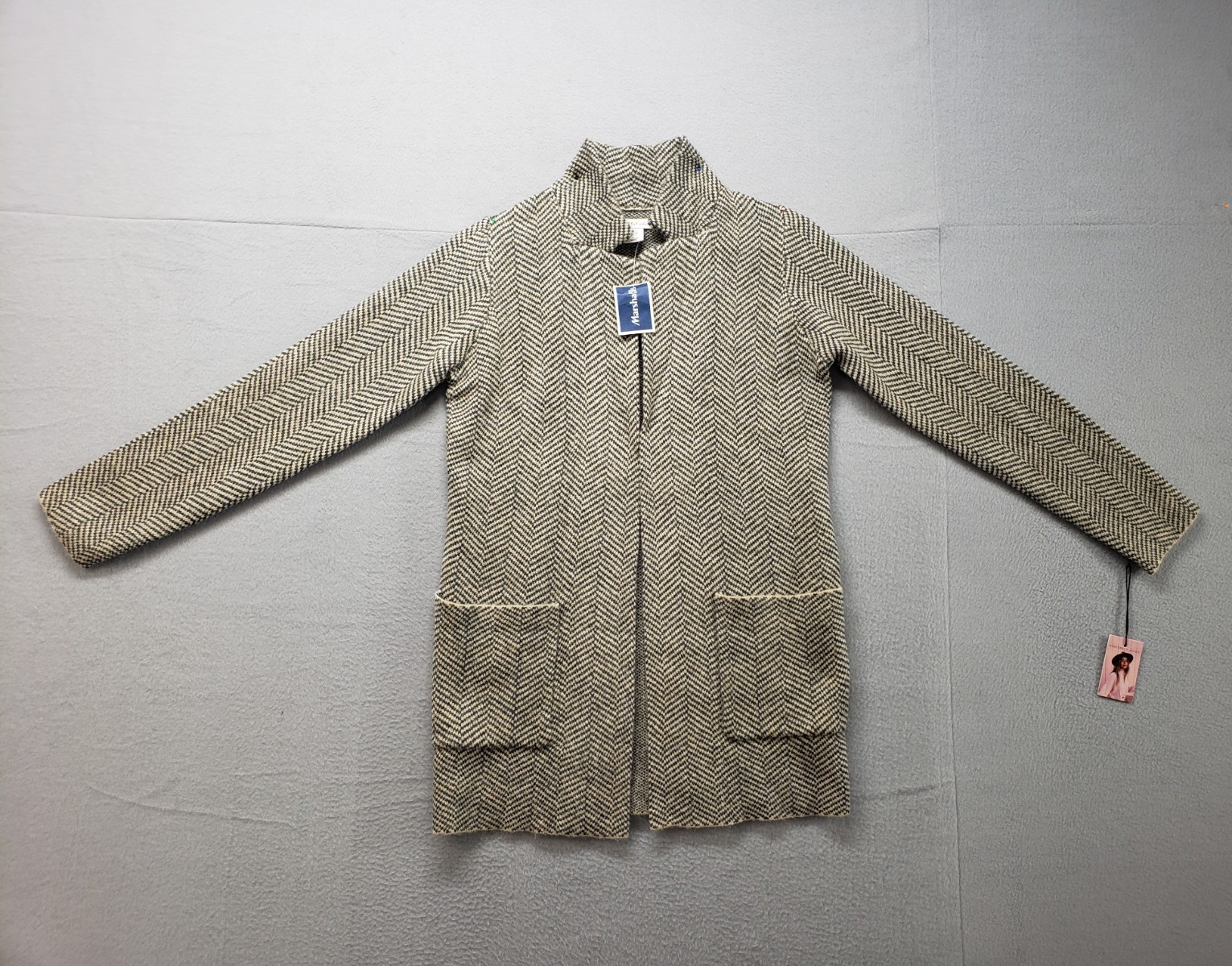 Sincerely Jules Women Sweater S Gray Textured Knit Open Front Pockets Collared