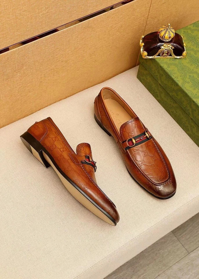 Gucci Men’s Horsebit Web GG Loafers Brown Leather Slip On Dress Shoes