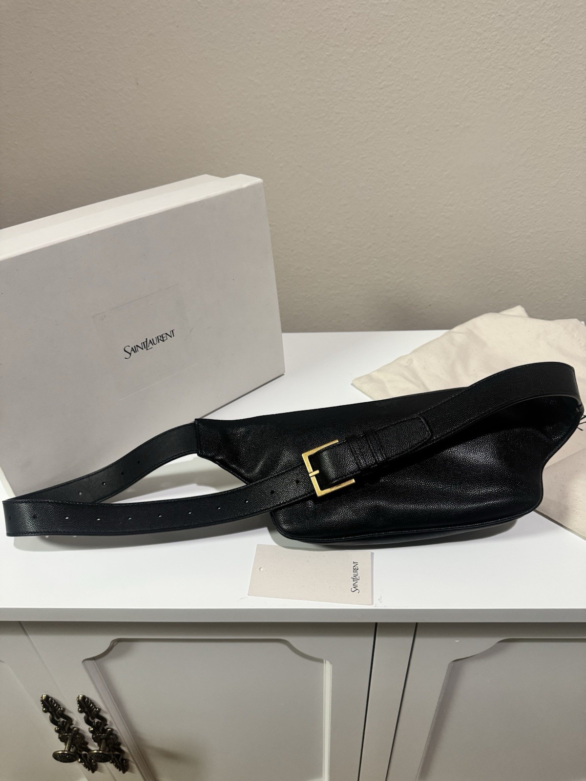 Saint Laurent YSL Cassandre Black Grained Leather Belt Bag Gold Hardware Box