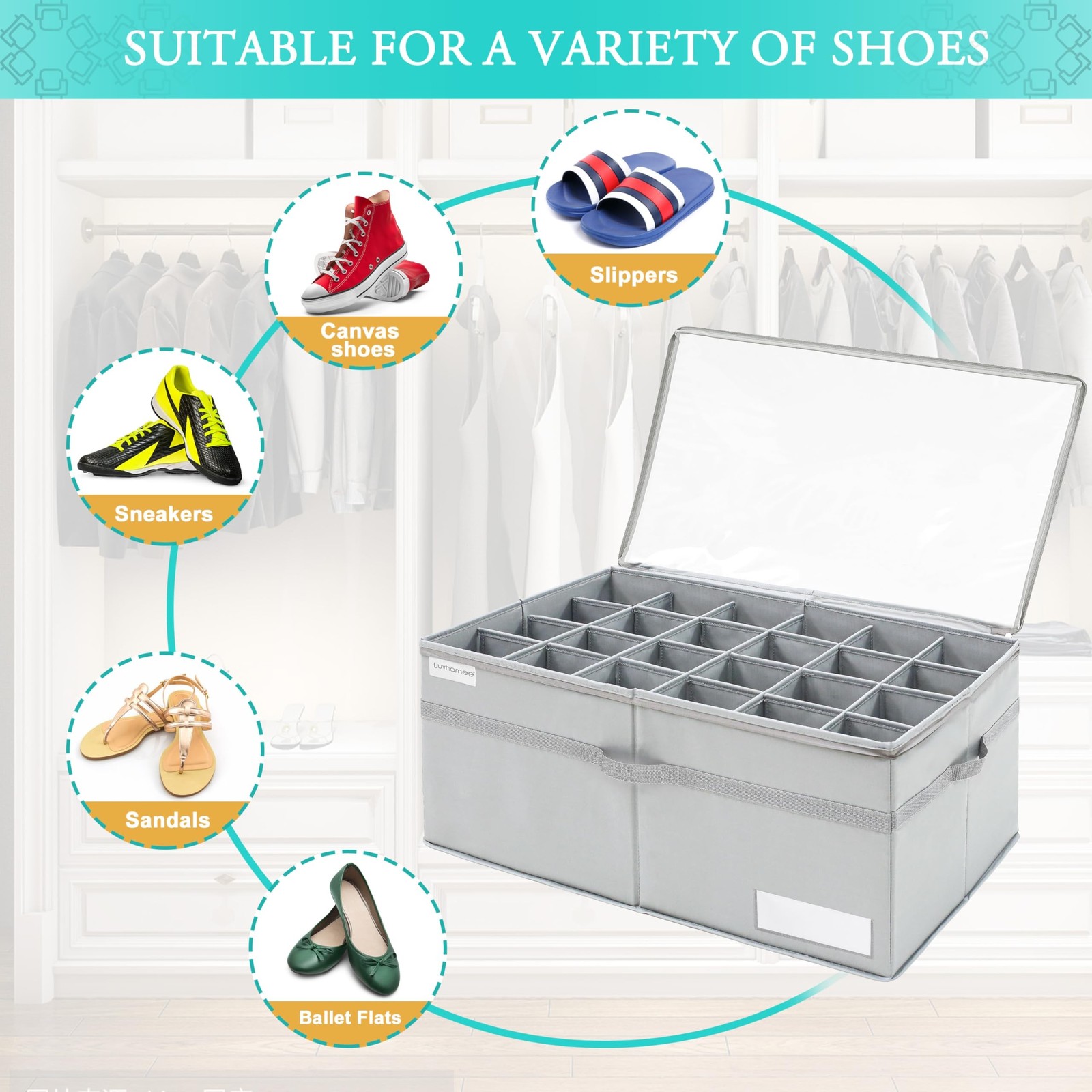 LUVHOMEE Shoe Organizer for Closet, Fits 24 Pairs, Large Shoe Box Storage Con…