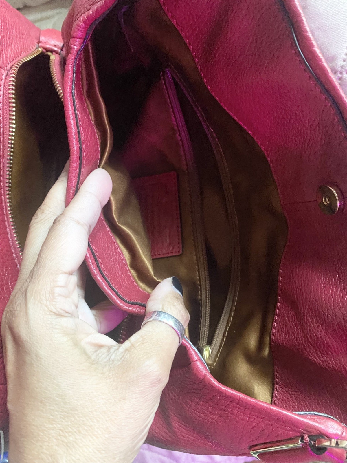 Coach Madison Phoebe Shoulder Bag in Cherry Red Pebble Leather has 3 sections